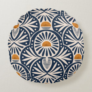 Modern Art deco sunset and leaves pattern Round Pillow