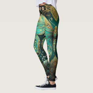 Modern Art Deco Teal Blue Gold Butterfly Yoga Leggings