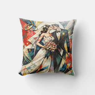 Modern Art Deco Wedding Couple Illustration Throw Pillow
