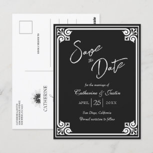 Modern Art Deco White Black Peacock Save The Date Postcard