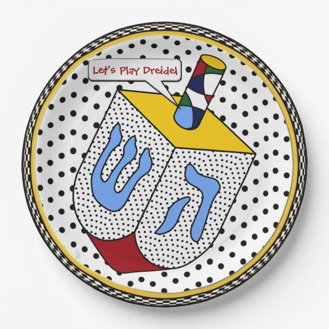 Modern Art Dreidel Gone Dotty (Personalized) Paper Plate (Front)