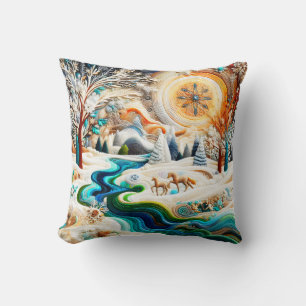 Modern Art Embroidered Horses in Winter Landscape  Throw Pillow