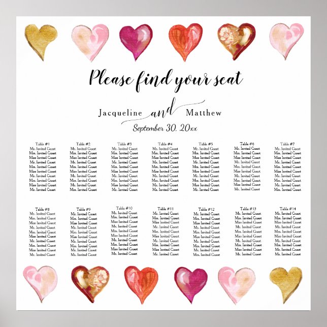 Modern Art Painted Heart Valentines Seating Chart (Front)