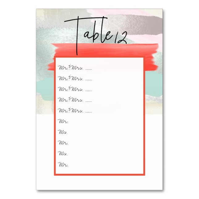 Modern Art Seafoam Coral Table Nos. pin to board Table Number (Front)