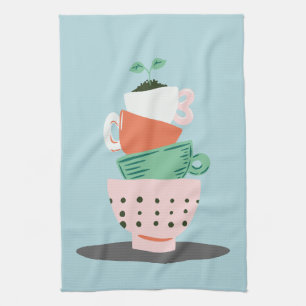 Modern Art Stacked Cups and Plant Kitchen Towel