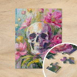 Modern Art Still Life Abstract Skull and Flowers Jigsaw Puzzle<br><div class="desc">A modern impressionist-style painting depicting a still life of a skull surrounded by vibrant flowers in bright pastel colours. The soft yet lively brushstrokes blend shades of pink, green, blue, and yellow, creating a contrast between the delicate florals and the stark, symbolic skull. This artwork offers a fresh take on...</div>