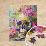 Modern Art Still Life Abstract Skull and Flowers Jigsaw Puzzle<br><div class="desc">A modern impressionist-style painting depicting a still life of a skull surrounded by vibrant flowers in bright pastel colours. The soft yet lively brushstrokes blend shades of pink, green, blue, and yellow, creating a contrast between the delicate florals and the stark, symbolic skull. This artwork offers a fresh take on...</div>