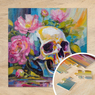 Modern Art Still Life Abstract Skull and Flowers Jigsaw Puzzle