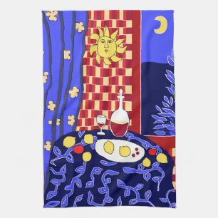 Modern Art Still Life with Lemons and Wine  Kitchen Towel