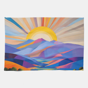 Modern Art Sunrise Over Hills With House And Trees Kitchen Towel