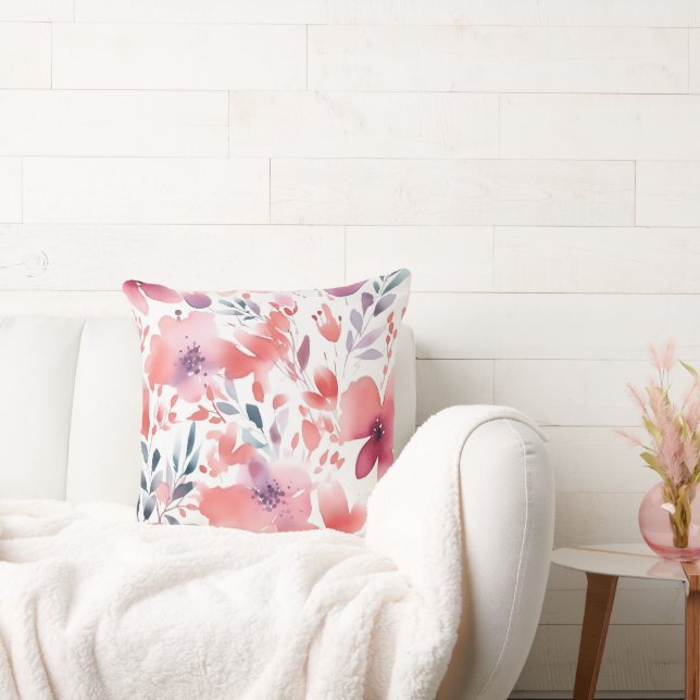 Modern Art Teal, Coral, Plum Floral Throw Pillow (Couch)