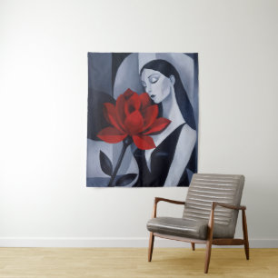 Modern Art Woman with Red Rose Wall Tapestry