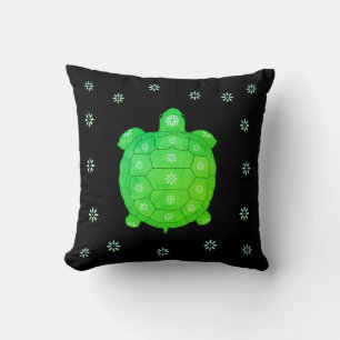 Modern Artistic Green Tortoise & Flowers on Black Throw Pillow