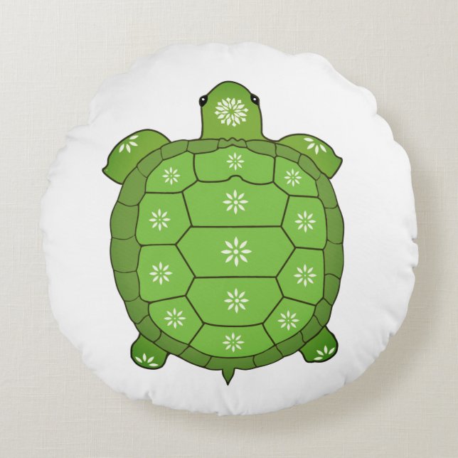 Modern Artistic Green Tortoise on White Round Pillow (Front)