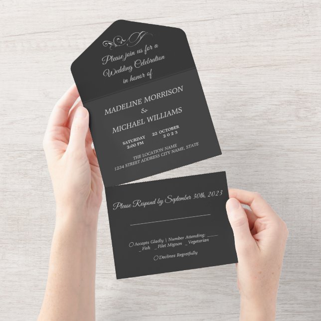 Modern Artistic Grey Black Monogram All In One Inv All In One Invitation (Tearaway)
