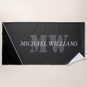 Modern Artistic Grey Black Monogram Beach Towel