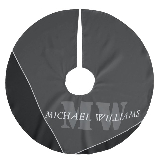 Modern Artistic Grey Black Monogram Brushed Polyester Tree Skirt (Front)