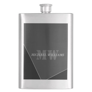 Modern Artistic Grey Black Monogram Hip Flask