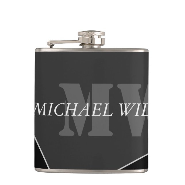 Modern Artistic Grey Black Monogram Hip Flask (Front)