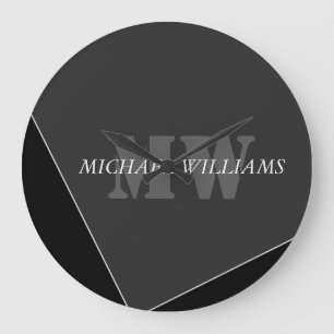 Modern Artistic Grey Black Monogram Large Clock