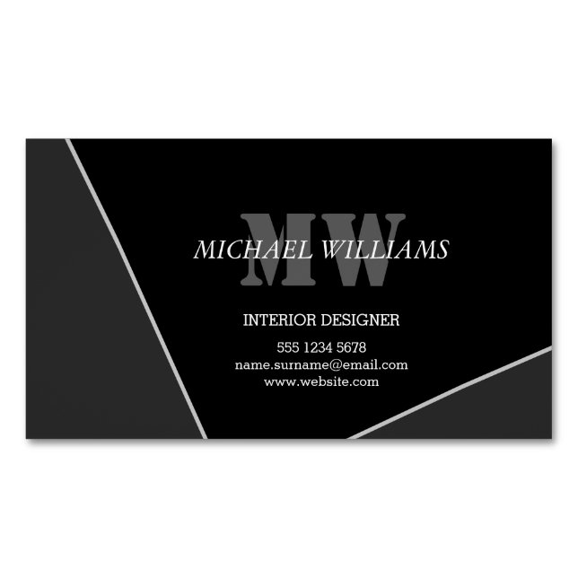 Modern Artistic Grey Black Monogram Magnetic Business Card (Front)