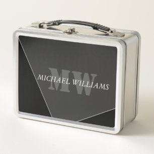 Modern Artistic Grey Black Monogram Metal Lunch Box