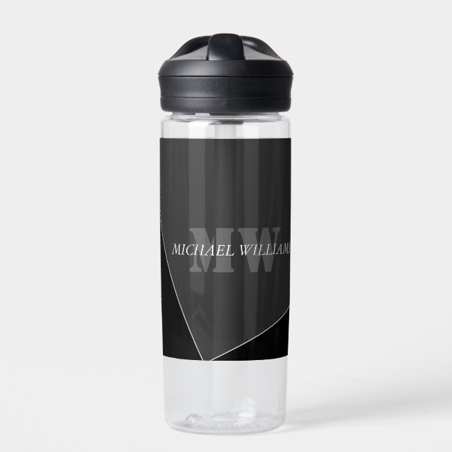 Modern Artistic Grey Black Monogram Water Bottle (Front)