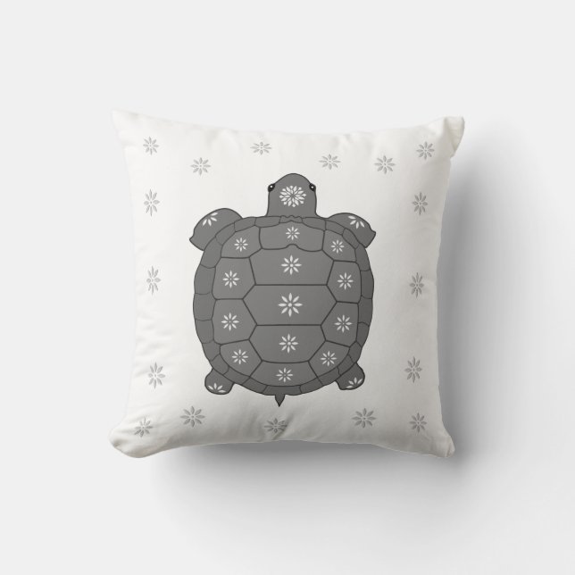 Modern Artistic Grey Tortoise & Flowers on White Throw Pillow (Front)