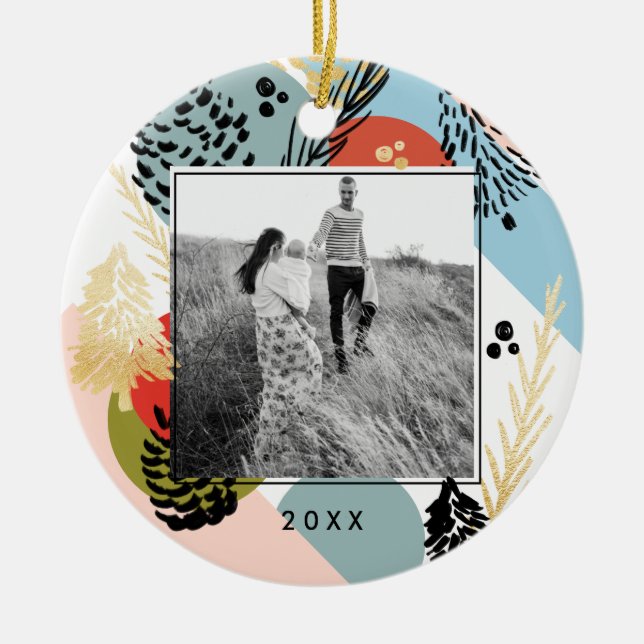 Modern Artistic | Minimalistic Pine Cone Photo Ceramic Ornament (Front)