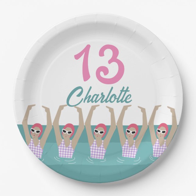 Modern Artistic Swimmers 13th Birthday Party Paper Plate (Front)