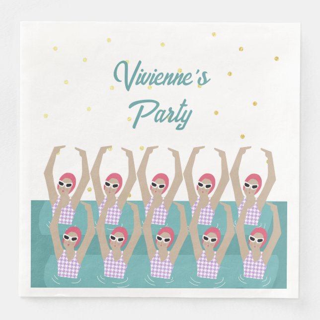 Modern Artistic Swimmers Swimming Birthday Party Napkin (Front)