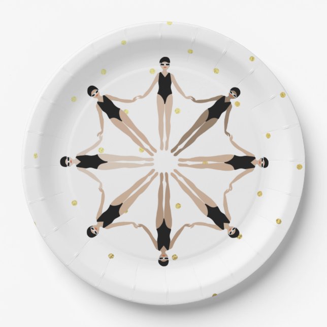 Modern Artistic Synchronized Swimmers Gold Dots    Paper Plate (Front)