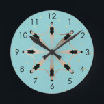 Modern Artistic Synchronized Swimmers Gold Dots   Round Clock<br><div class="desc">Featuring a cool modern illustration of synchronized women artistic swimmers in a pool. Artistic swimmers gift design in trendy minimalist colours. Cool swim team gift. synchronized swimming team gifts, synchronised swimming team coach gift. Artistic swimmers girl team gifts ideas. Artistic swimming home decor, stationery, and more, please see more in...</div>