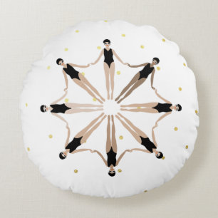 Modern Artistic Synchronized Swimmers Gold Dots Round Pillow