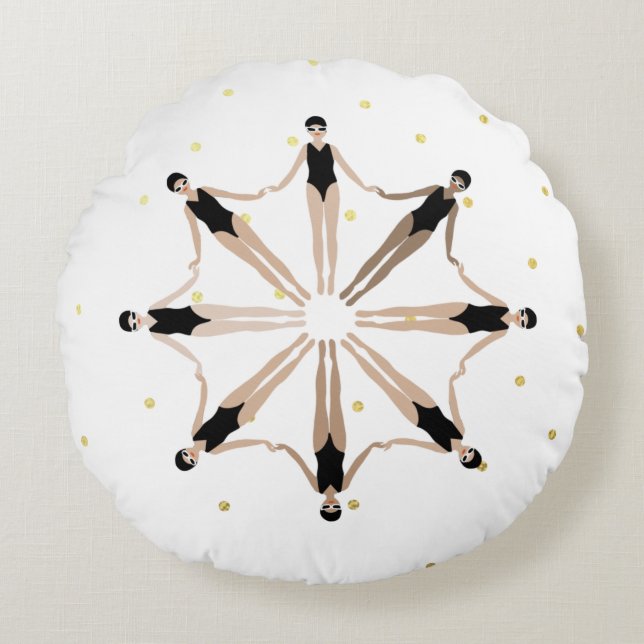 Modern Artistic Synchronized Swimmers Gold Dots   Round Pillow (Front)