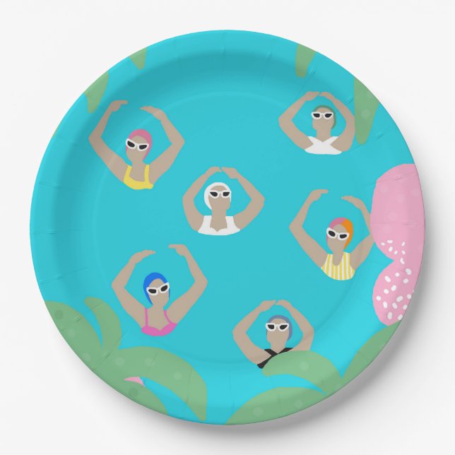 Modern Artistic Synchronized Swimmers Pool Paper Plate (Front)