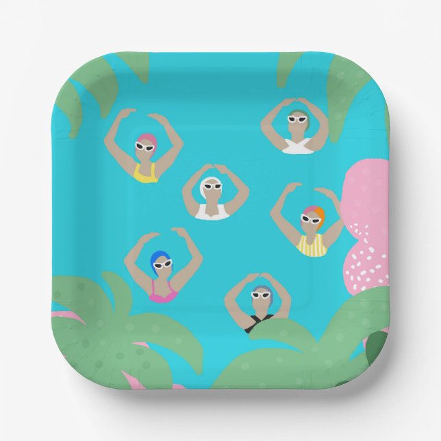 Modern Artistic Synchronized Swimmers Pool Paper Plate (Front)