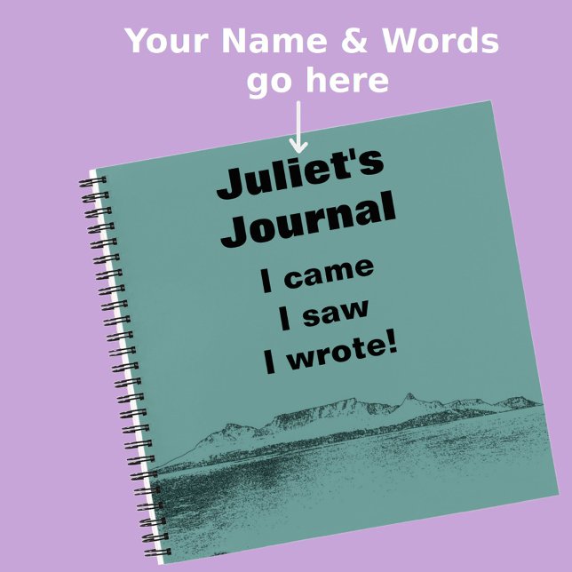 Modern Artistic Teal Mountain and Sea Fun Words Notebook (Front View)