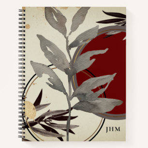 Modern Artistic Watercolor Leaves Monogrammed Notebook