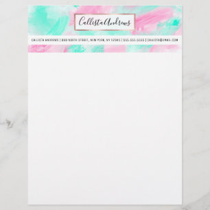 Modern Artsy Neon Pink Teal Abstract Paint Letterhead