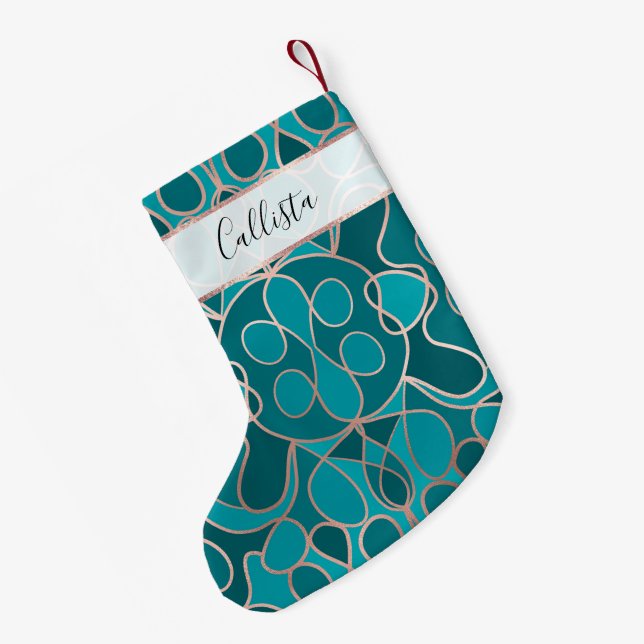 Modern Artsy Ocean Blue Rose Gold Geometric Small Christmas Stocking (Back (Hanging))