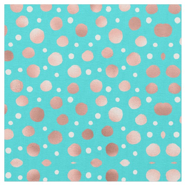 Modern Artsy Rose Gold Teal Polka Dots Fabric (Close Up)