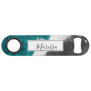 Modern Artsy Teal Blue Black Ocean Beach Waves Bar Key