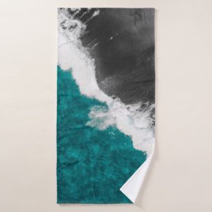 Modern Artsy Teal Blue Black Ocean Beach Waves Bath Towel