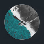 Modern Artsy Teal Blue Black Ocean Beach Waves Round Clock<br><div class="desc">Decorate your home with this fashionable design which features an artsy and modern teal blue and grey black ocean beach waves, print that will enhance your decor with a personalized and custom feel. This unique and trendy design will add your home's attitude and style. You can also gift this item...</div>