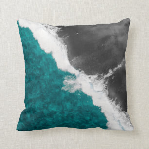 Modern Artsy Teal Blue Black Ocean Beach Waves Throw Pillow