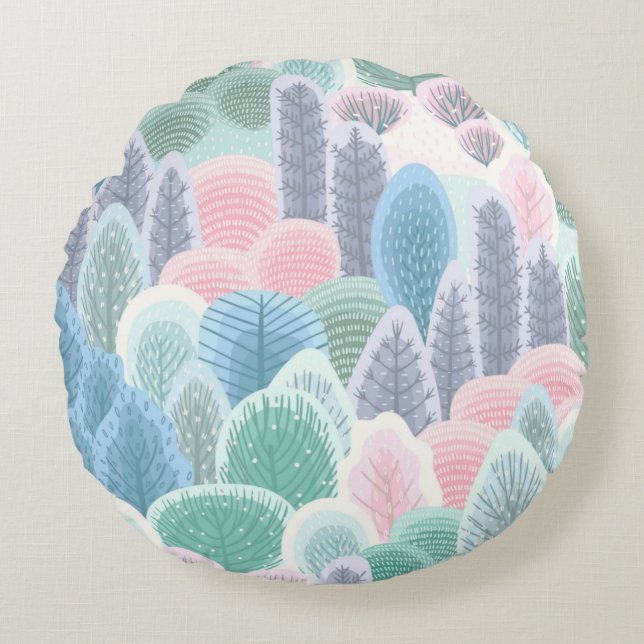 Modern Artsy Winter Trees Round Pillow (Front)