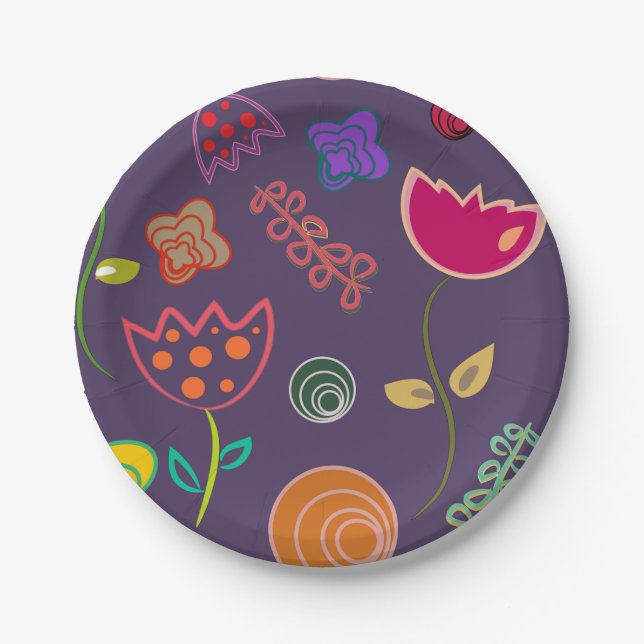 Modern arty purple and pink flowers paper plate (Front)
