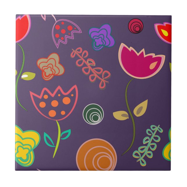 Modern arty purple and pink flowers tile (Front)