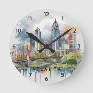 Modern Atlanta Georgia Stylized Watercolor Round Clock